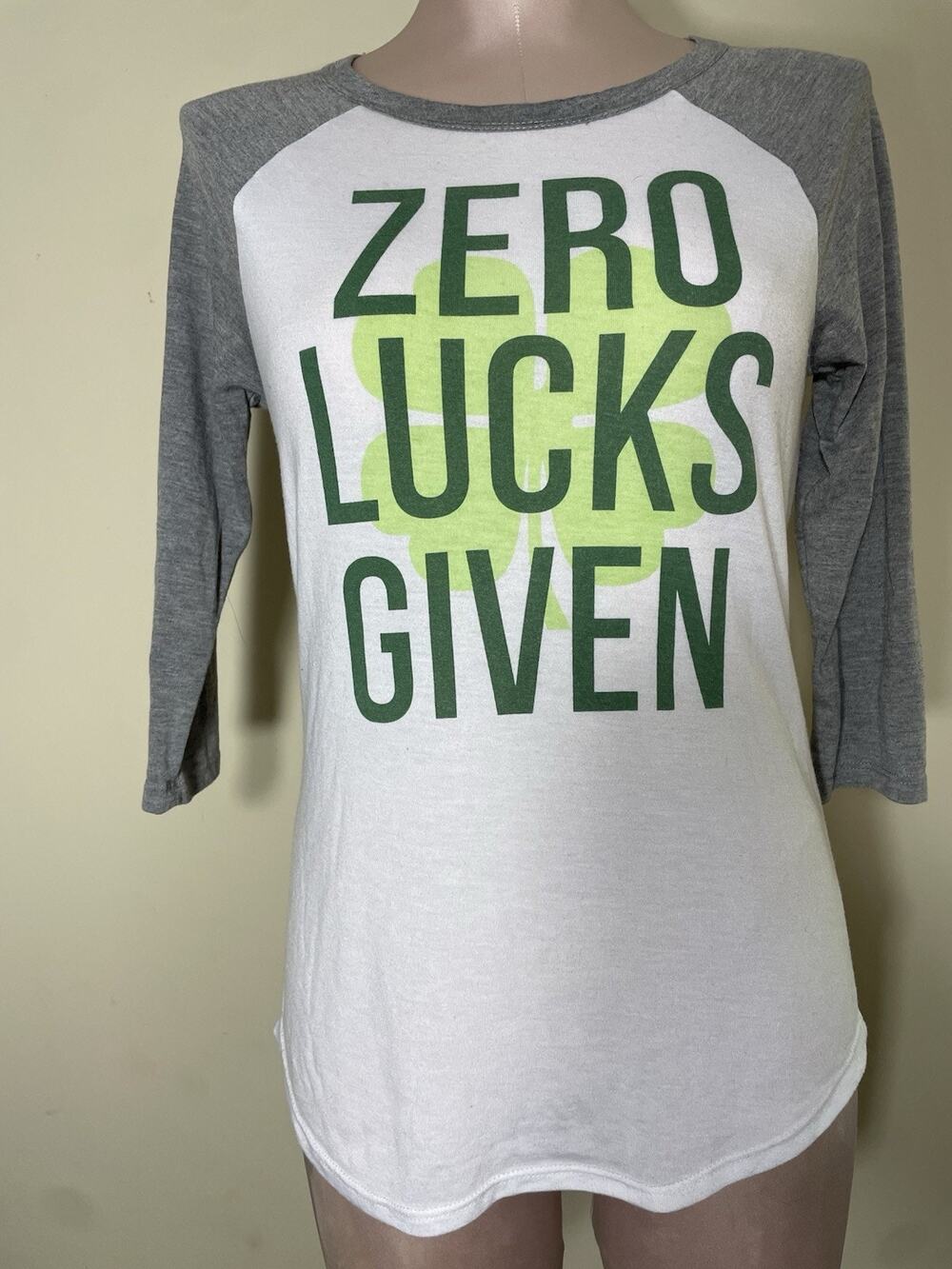 Modern Lux Women's Gray White "Zero Lucks Given" Baseball Tee Size Small